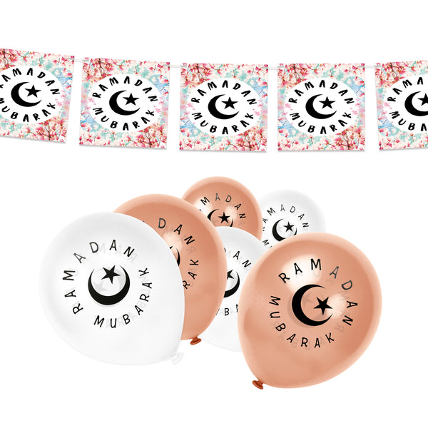 White & Rose Gold Latex Ramadan Balloons & Floral Bunting Set