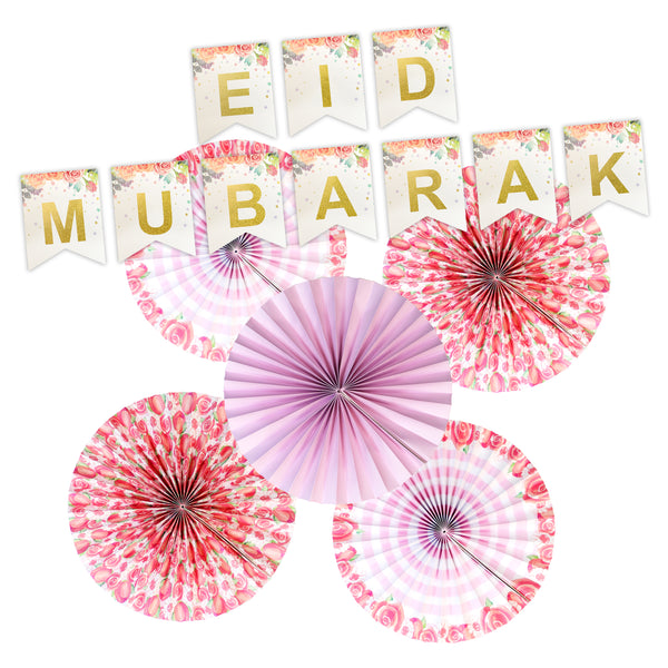 Floral Eid Mubarak Bunting & Assorted Floral Concertina Paper Fans Set