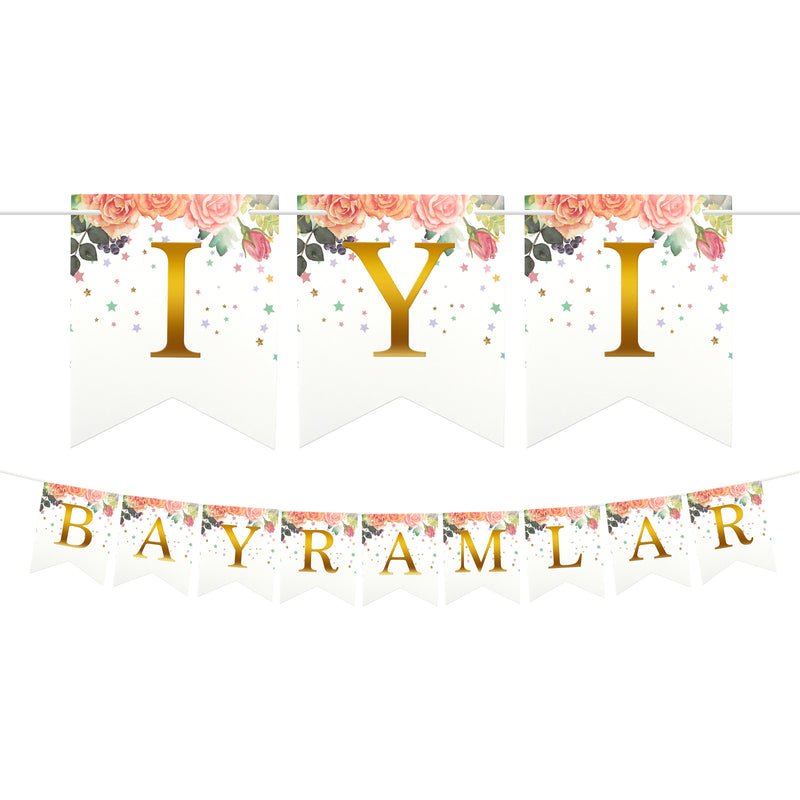 Turkish İyi Bayramlar Floral Dovetail Gold Letter Card Bunting - 2 meters