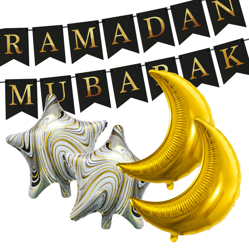Black Ramadan Mubarak Bunting with Gold Foil Balloons & Gold Marble Foil Star Balloons