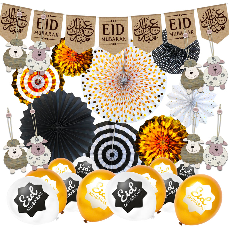 English & Arabic Hessian Bunting, Black & Gold Paper Fans, White & Gold Eid Balloons & 8 Wooden Sheep Eid al-Adha Decoration Set