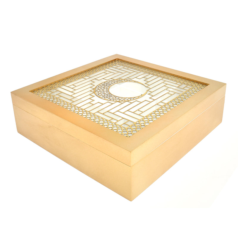 Gold Wooden Hinged Display Box - 9 Divided Sections w/ Clear/Crescent Moon Window Lid