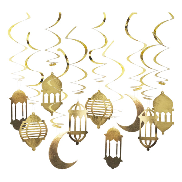 Pack of 10 Gold Spiral Lantern Eid Mubarak Hanging Mobile Decorations