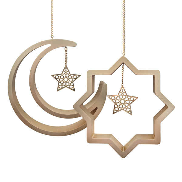 Pack of 2 Gold Crescent Moon & Star Hanging Eid Decorations
