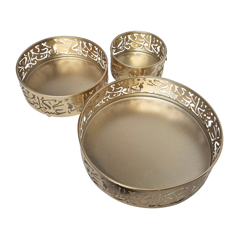 Set of 3 Gold Metal Round Arabic Cake / Food Tins