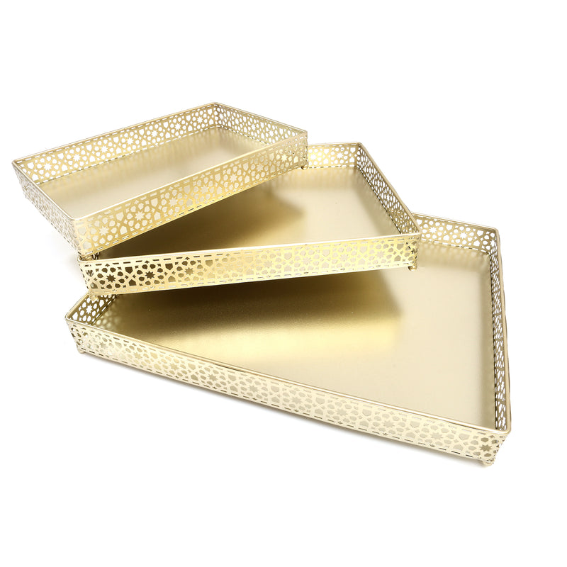 3pc Rectangle Gold Metal Iftar Tray Set - Tea Serving Trays - Geometric Cutouts
