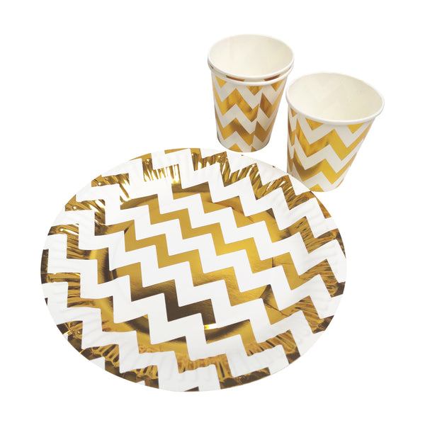 Gold Metallic Chevron Pattern Paper Plates & Cups Set (10x Plates, 10x Cups)