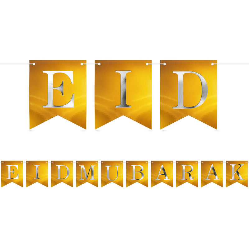 Gold Eid Mubarak Silver Lettering Card Pennant Bunting - 2 meters