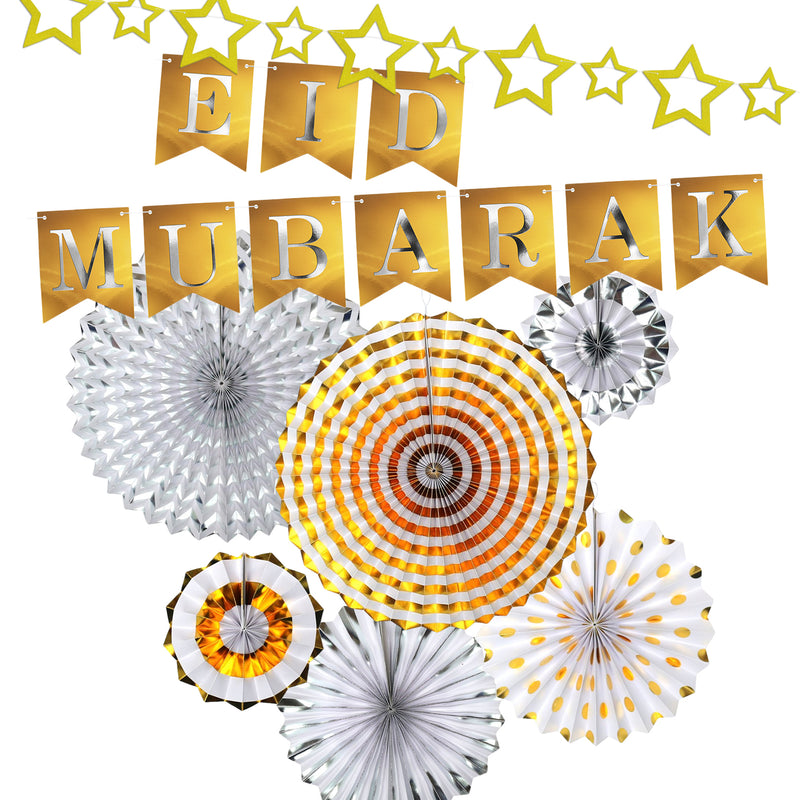 Gold & Silver Paper Concertina Fans and Gold Eid Mubarak Metallic Bunting & Gold Star Bunting Set