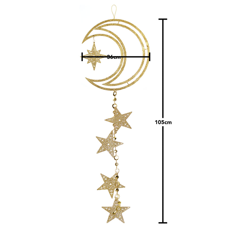 Large Gold Glitter Crescent Moon & Stars Hanging Decoration
