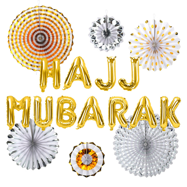 Hajj Mubarak Gold Foil Balloons & Gold/Silver Paper Fans Decorations Set