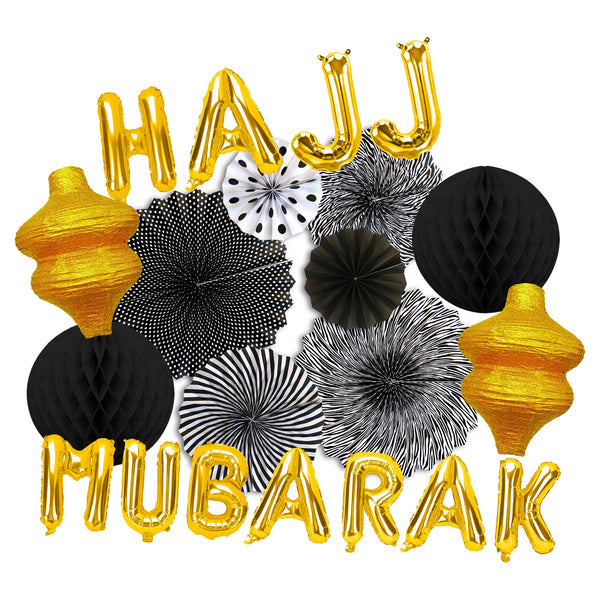 Hajj Mubarak Gold Foil Balloons, Black/White Paper Fans, 2x Lantern & 2x Honeycomb Balls