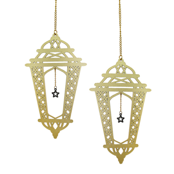 Set of 2 Gold Wooden Crosshatch Ramadan / Eid Lantern Hanging Decorations