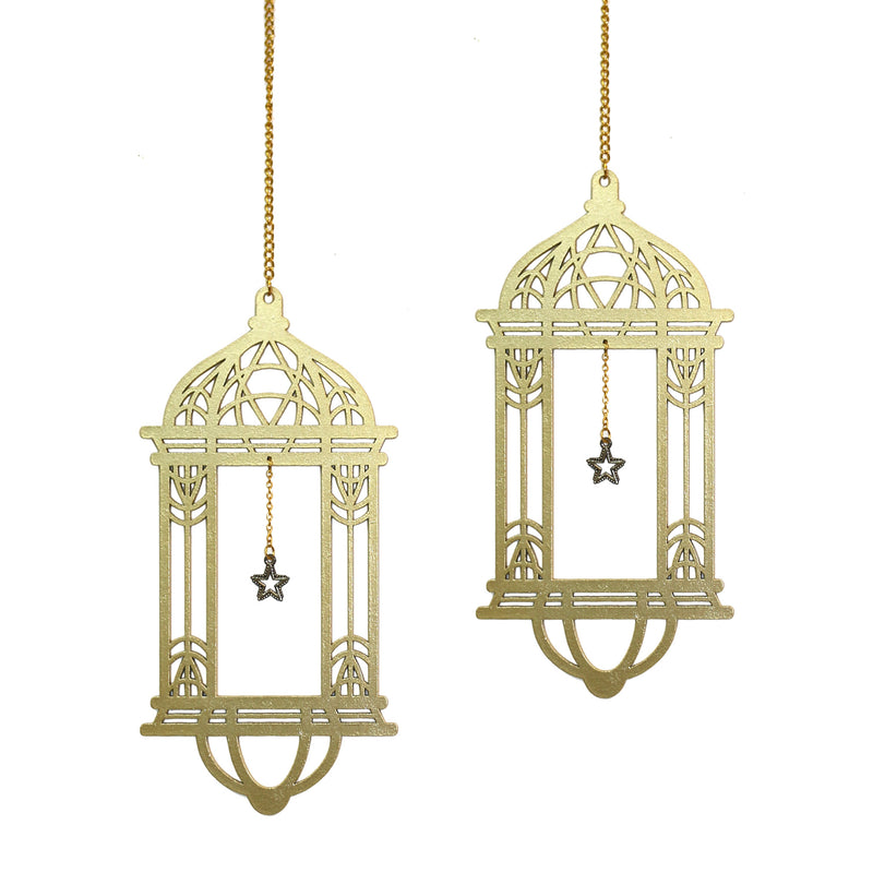 Set of 2 Gold Wooden Ramadan / Eid Lantern Hanging Decorations
