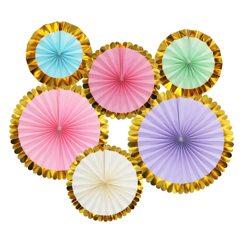 Set of 6 Assorted Plain Pastel Concertina Paper Fan with Gold Trim Hanging Decorations