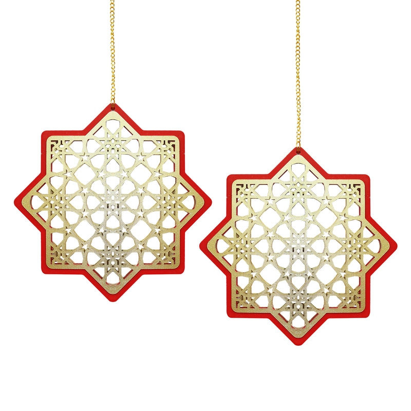 Set of 2 Wooden Ramadan & Eid Ornate Hanging Star Decorations - Gold / Red Outline