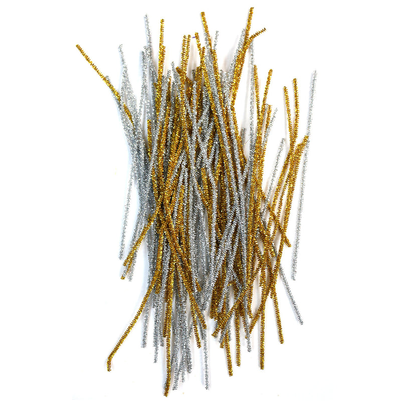 Pack of 100 Gold & Silver Tinsel Eid Arts & Craft Pipe Cleaners