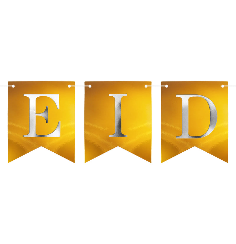 Gold Eid Mubarak Silver Lettering Card Pennant Bunting - 2 meters