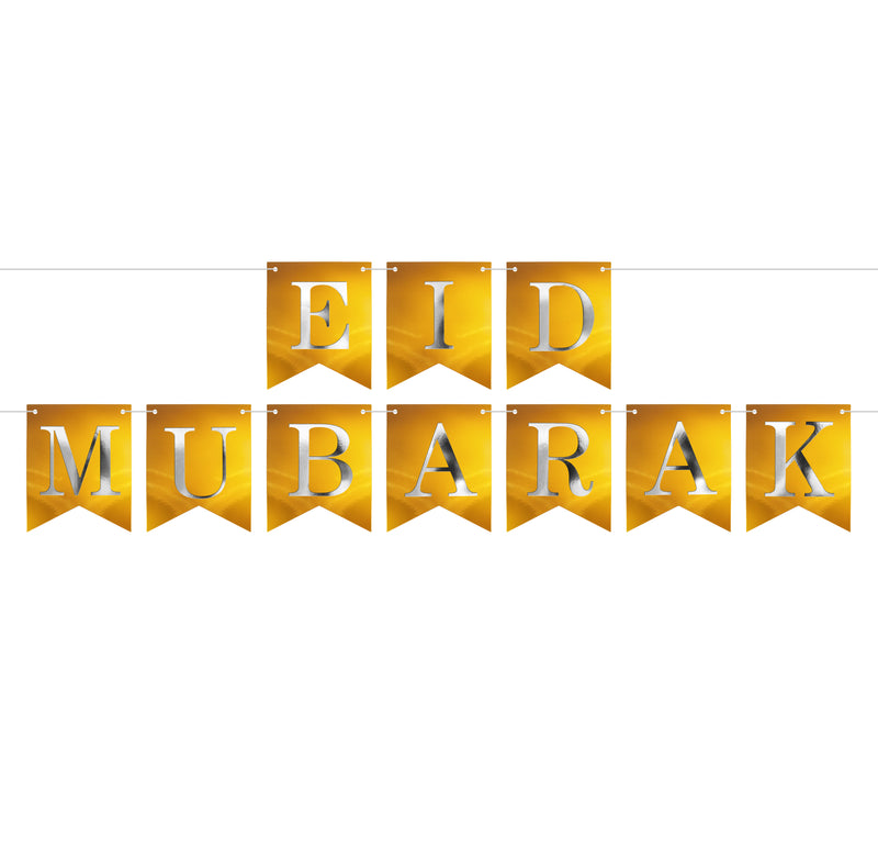 Gold Eid Mubarak Silver Lettering Card Pennant Bunting - 2 meters