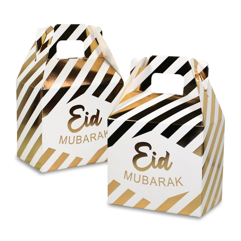 Metallic Gold & White Stripe Eid Mubarak Gift Favour Boxes 12