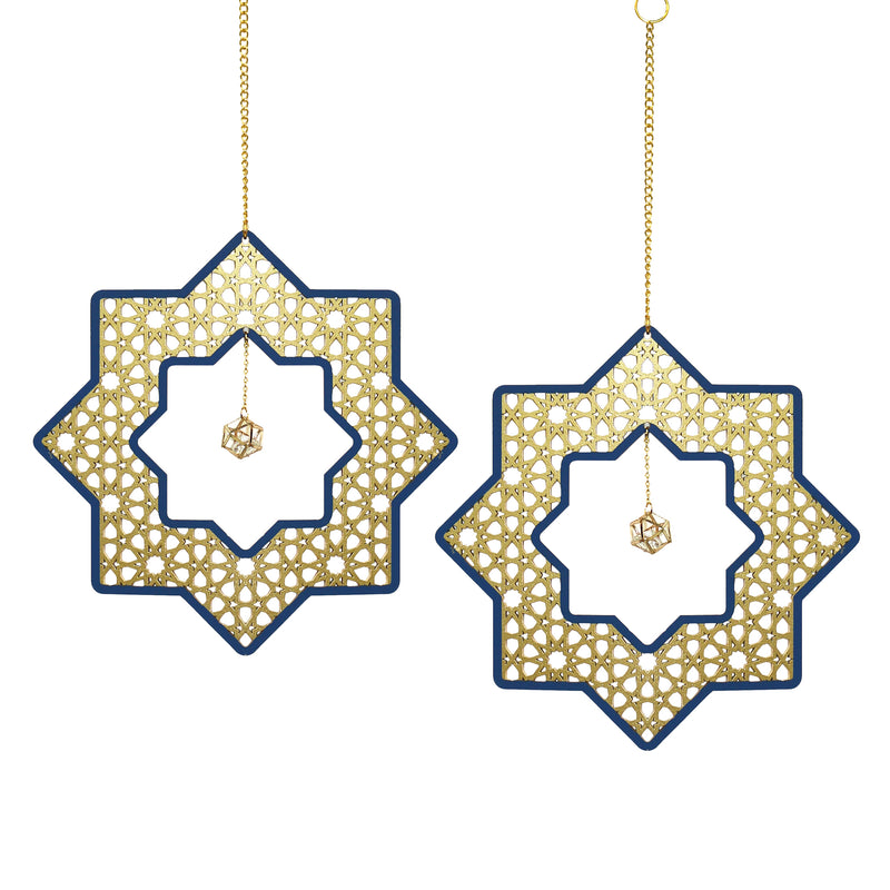Set of 2 Wooden Ramadan & Eid Ornate Hanging Star Decorations - Gold / Blue Outline