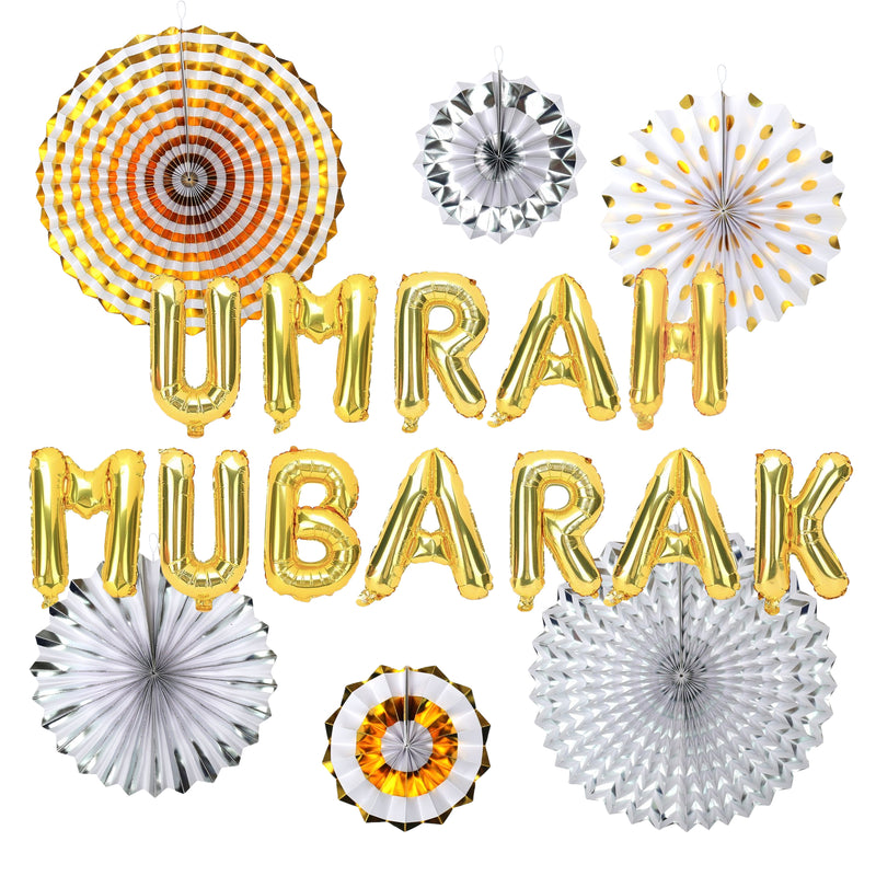 Umrah Mubarak Gold Foil Balloons & Gold/Silver Paper Fans Decorations