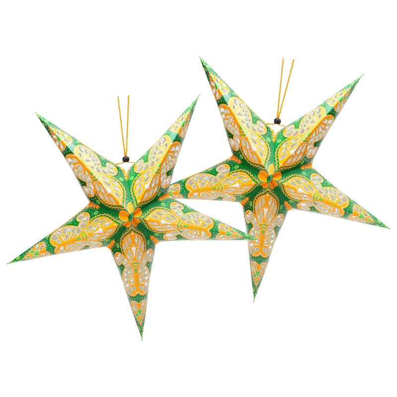 Pack of 2 Green & Yellow Large Paper Hanging Star Eid Decoration