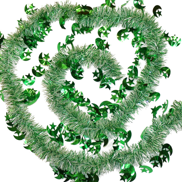 Green & White Eid Crescent Moon & Star Tinsel - 2 meters