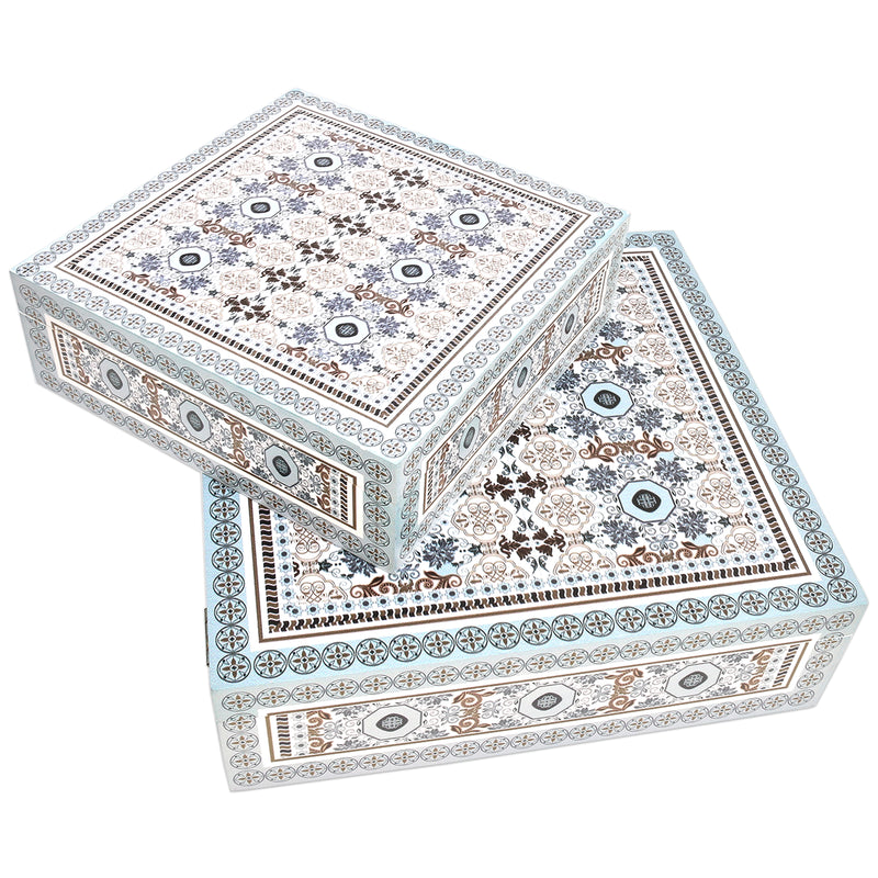 Medium & Large Ornate Blue, White & Grey Wooden Hinged Display Box