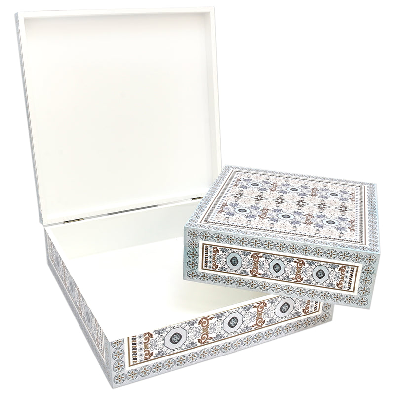 Medium & Large Ornate Blue, White & Grey Wooden Hinged Display Box