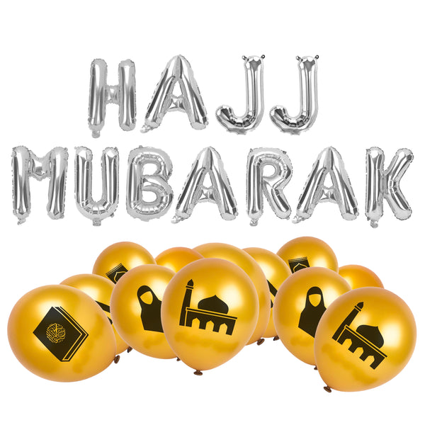 Silver Foil "Hajj Mubarak" Balloons w/ 20 x Islamic Symbol Balloons