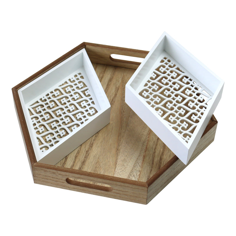 Wooden Hexagonal Intricate Pattern 4-Piece Eid & Ramadan Food Serving Tray (1741-8)