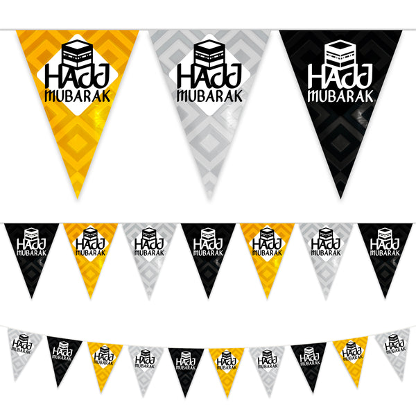 Black, White & Gold Hajj Mubarak Kaaba Plastic Triangle Bunting - 10 meters