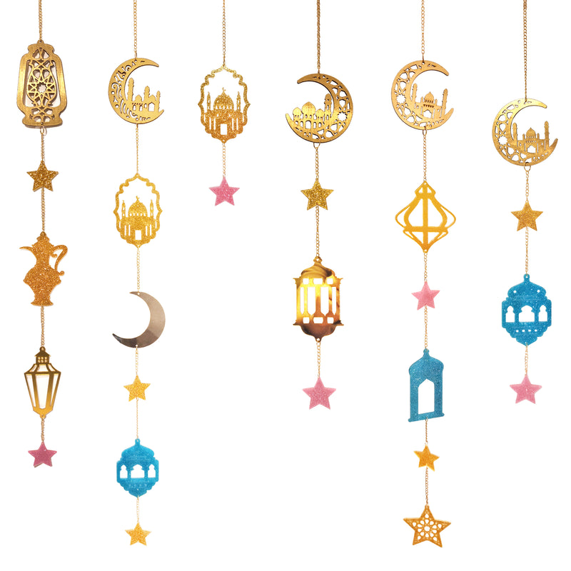 Set of 6 Acrylic Lantern, Moon & Star Vertical Hanging Mobile Decorations