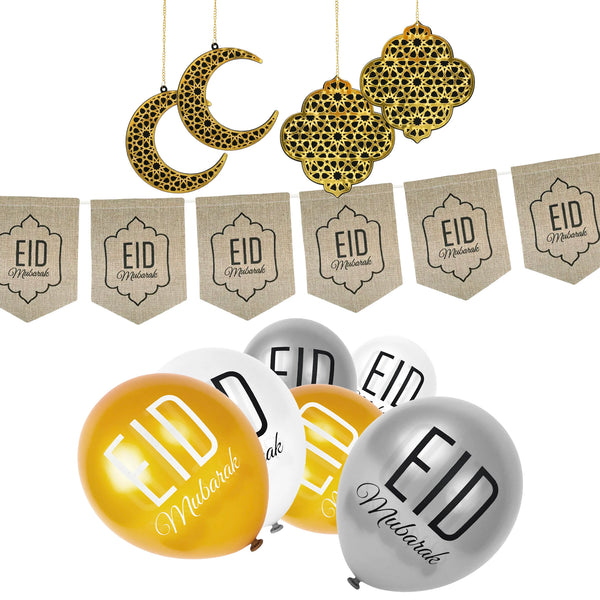 Eid Mubarak Hessian Bunting, Gold Silver White Eid Balloons & 4x Wooden Moons & Lanterns Set