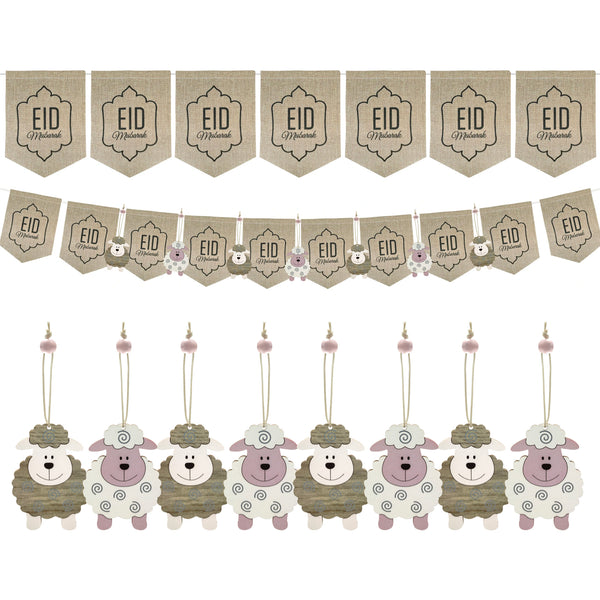 Hessian Eid Mubarak Lantern Bunting & 8 Wooden Hanging Sheep Eid al-Adha Decorations