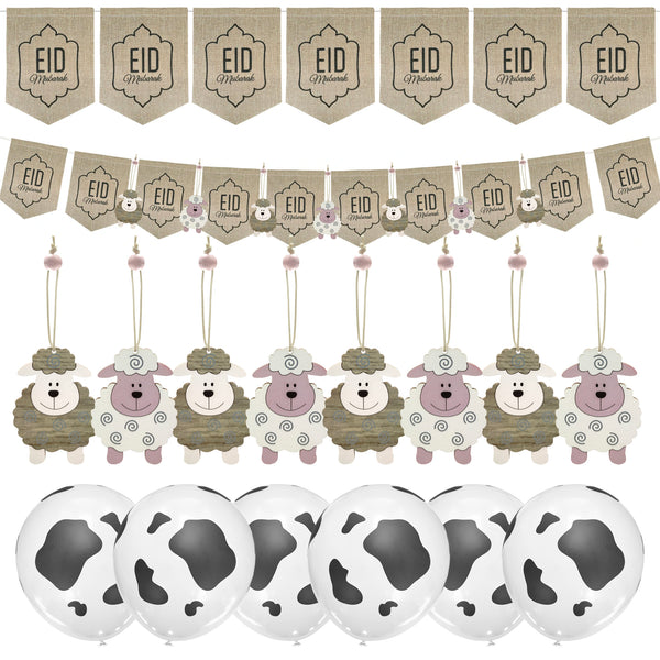 Hessian Eid Mubarak Lantern Bunting, 8 Wooden Hanging Sheep & 12 Cow Print Balloons Eid al-Adha Decorations