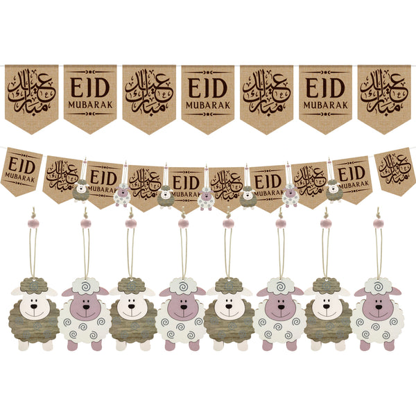 Hessian English/Arabic Eid Mubarak Bunting & 8 Wooden Hanging Sheep Eid al-Adha Decorations