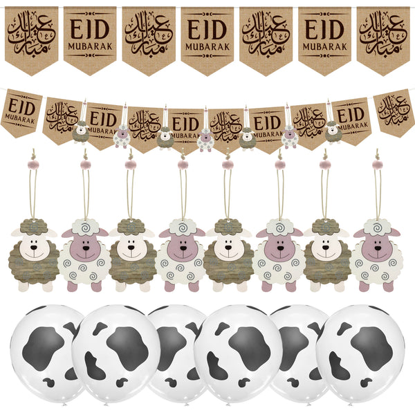 Hessian English/Arabic Eid Mubarak Bunting, 8 Wooden Hanging Sheep & 12 Cow Print Balloons Eid al-Adha Decorations