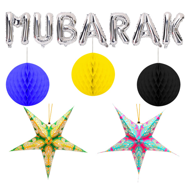 Silver Mubarak Foil Balloons + 2 Hanging Stars + 2 Honeycombs + 2 Hanging Glitter Lanterns