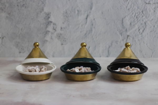 Round Ceramic Tagines With Gold Detailing in White, Black or Emerald Green