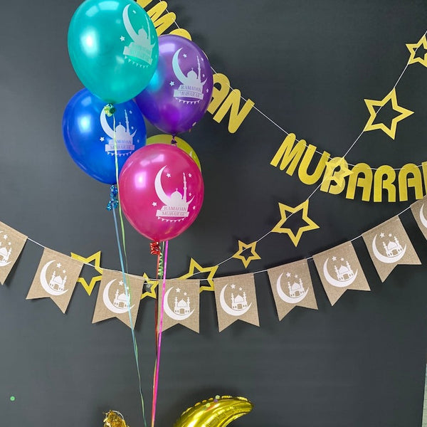 Multicolour Ramadan Mubarak Mosque & Moon Balloons (12 Pack)