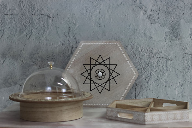 Wooden Hexagonal Star Pattern Food Serving Tray w/ 6 Sections