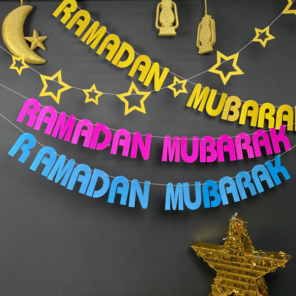 Gold Glitter Letter Ramadan Mubarak Hanging Bunting Decoration - 2 meters