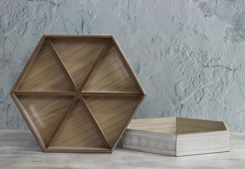 Wooden Hexagonal Star Pattern Food Serving Tray w/ 6 Sections