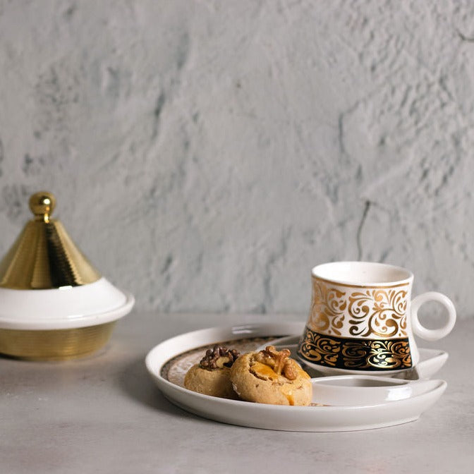 Ceramic Cup & Moon Shaped Saucer - Black, White & Gold (M23-27)