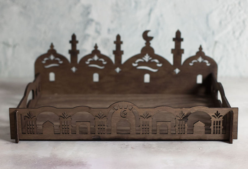 Dark Wooden Mosque Cutout Design Self-Assembly Iftar Serving Tray