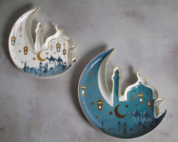 Medium & Large White & Teal Moon & Mosque Shaped Ceramic Serving Plate