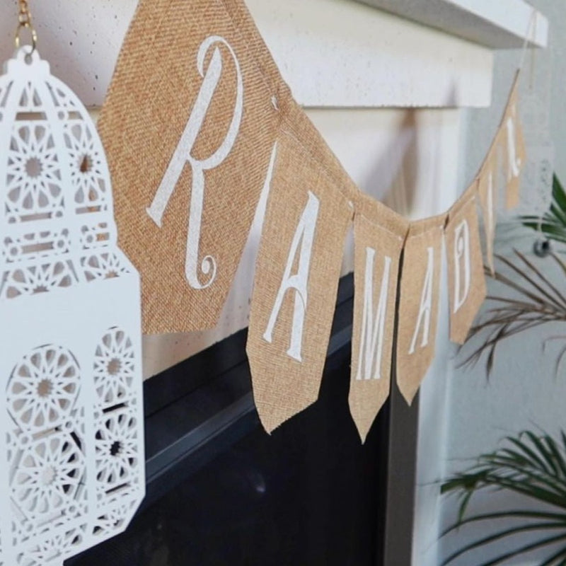 Ramadan Kareem White Dovetail Hessian Bunting - 2 meters
