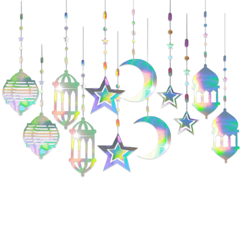Pack of 12 Iridescent Lantern, Moon & Stars Hanging Mobile Decorations